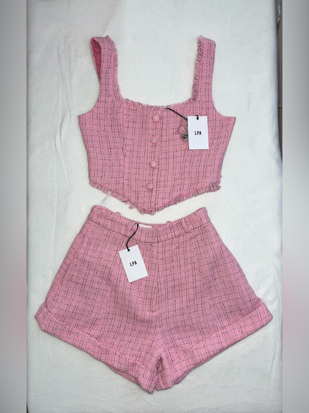 LPA x REVOLVE NWT Pink Tweed Crop Top & High Waisted Shorts Matching Set